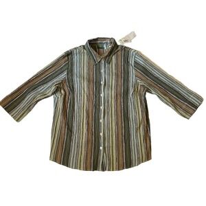 Lemon Grass Womens 1X Green Striped 3/4 Sleeve Button Up Shirt NWT‎